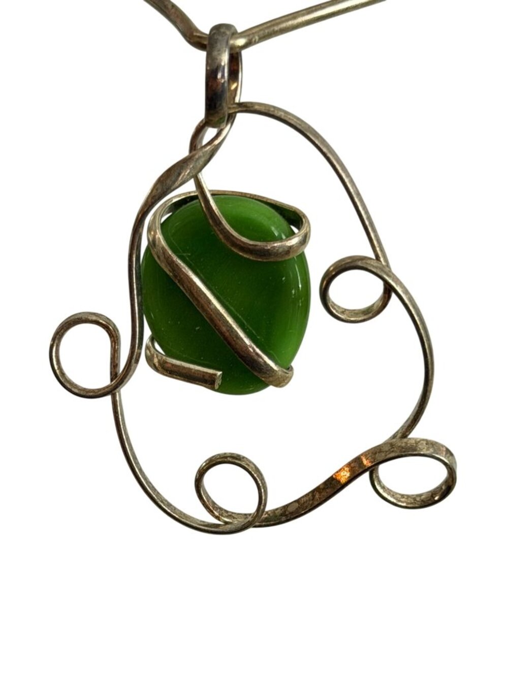 Vintage Artisan Collar Art Deco Drop Pendant Necklace Green Celadon Stone Agate - Picture 4 of 6